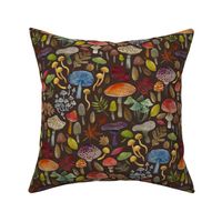 Watercolour toadstools  and Autumn leaves  -  red, grey and green on  coffee brown - medium small scale