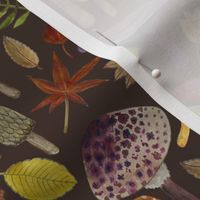 Watercolour toadstools  and Autumn leaves  -  red, grey and green on  coffee brown - medium small scale