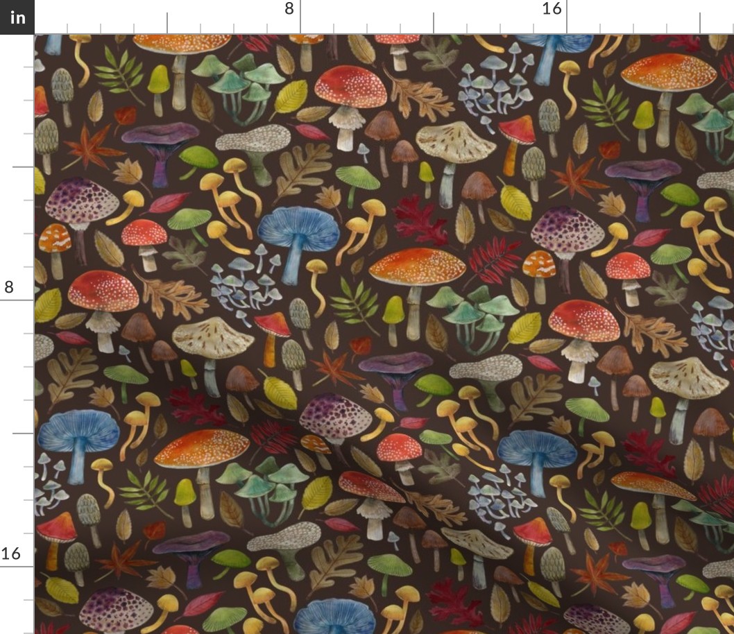 Watercolour toadstools  and Autumn leaves  -  red, grey and green on  coffee brown - medium small scale