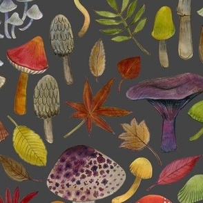 Watercolour toadstools  and Autumn leaves  -  red, grey and green on  dark grey - Medium large scale by Cecca Designs