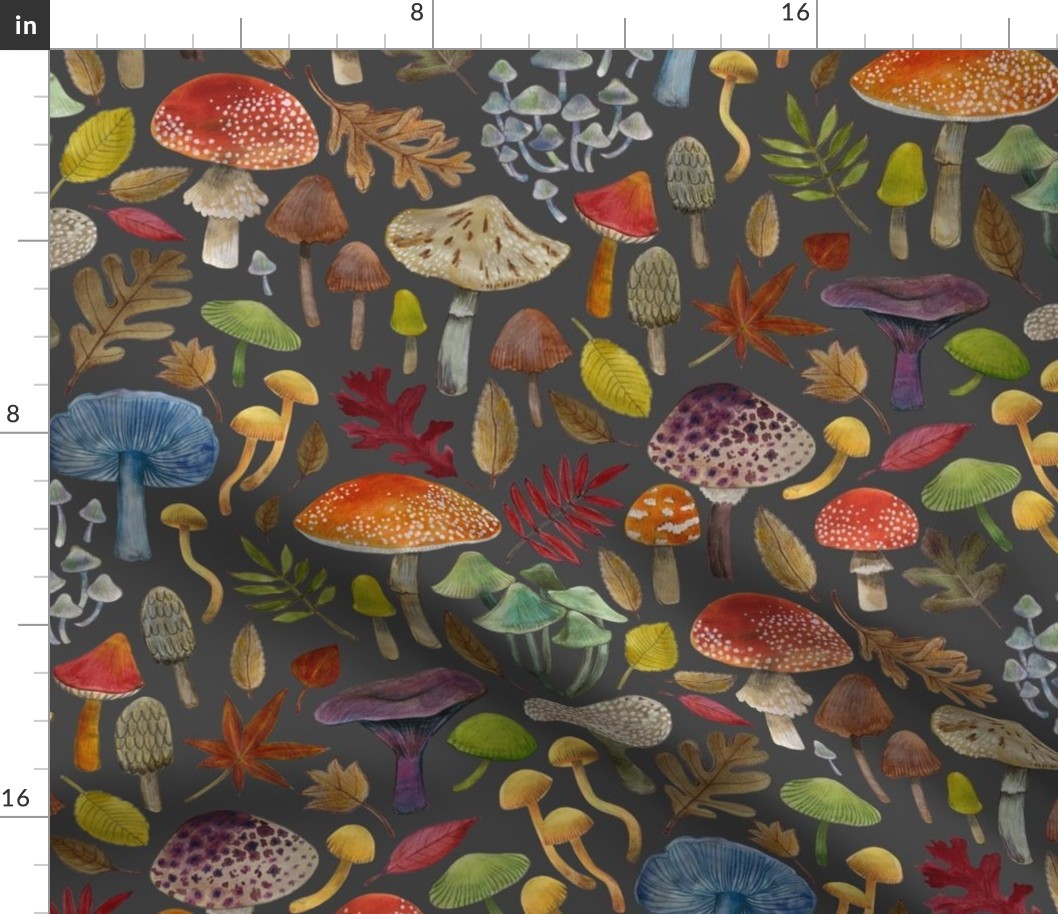 Watercolour toadstools  and Autumn leaves  -  red, grey and green on  dark grey - Medium large scale by Cecca Designs