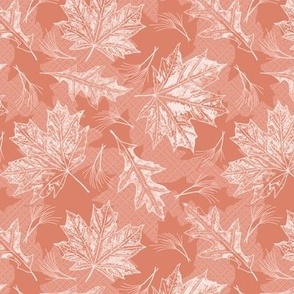 Medium Intangible Fall Oak and Maple Leaf Prints and Grasses in Pale Peach on Dusty Coral Texture