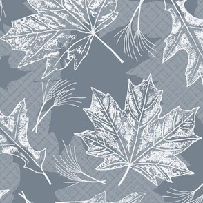 Large Intangible Fall Oak and Maple Leaf Prints and Grasses in Pale Pale Gray on Steel Gray