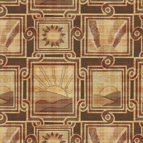 Apricity Japanese inspired  Inlaid effect art deco scrolls with rectangular picture frames and hand drawn sunrises and sunsets in honey, yellow, mustard brown hued plaid overlay texture 6” repeat