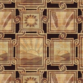 Apricity Japanese inspired  Inlaid effect art deco scrolls with rectangular picture frames and hand drawn sunrises and sunsets in honey, yellow, mustard brown hued plaid overlay texture 6” repeat on dark brown background 