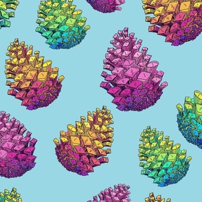 Hand Illustrated Rainbow Pinecones on Light Blue Large Scale
