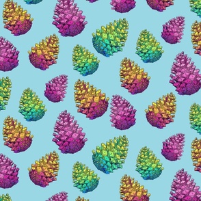 Hand Illustrated Rainbow Pinecones on Light Blue Medium Scale