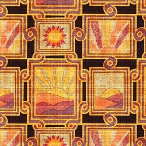 Apricity Japanese inspired  Inlaid effect art deco scrolls with rectangular picture frames and hand drawn sunrises and sunsets in honey, yellow, mustard brown, orange red hued plaid overlay texture 6”  repeat on dark brown background 