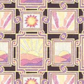 Apricity Japanese inspired  Inlaid effect art deco scrolls with rectangular picture frames and hand drawn sunrises and sunsets in pinks, greys and purple on deep magenta 6” repeat with heavy shabby chic texture