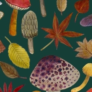 Watercolour toadstools and Autumn leaves  -  red, grey and yellow on  warm, dark green - large scale by Cecca Designs