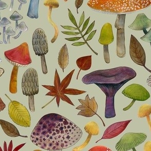 Watercolour toadstools and Autumn leaves  -  red, grey and yellow on  light grey green, medium scale by Cecca Designs