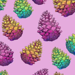 Hand Drawn Illustrated Rainbow Pinecones Tossed on Pink in Large Scale