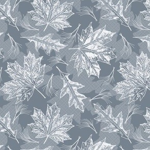 Medium Fall Oak and Maple Leaf Prints in Pale Pale Gray on Steel Gray Texture