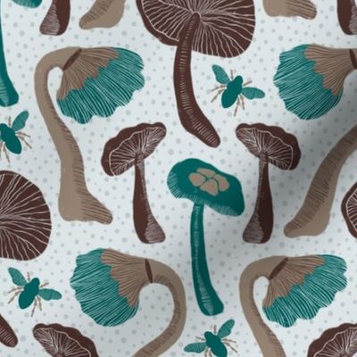 Happy Bees and Mushrooms // large // green, brown, taupe