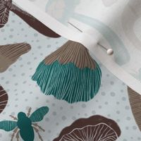 Happy Bees and Mushrooms // large // green, brown, taupe