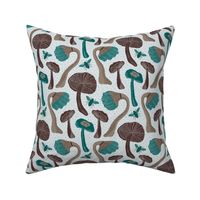 Happy Bees and Mushrooms // large // green, brown, taupe