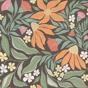 Small, Cheerful Orange Coneflower and Pink Thistle Leafy Botanical Pattern