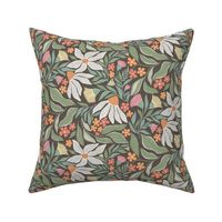Small, Cheerful White Coneflower and Pink Thistle Leafy Botanical Pattern