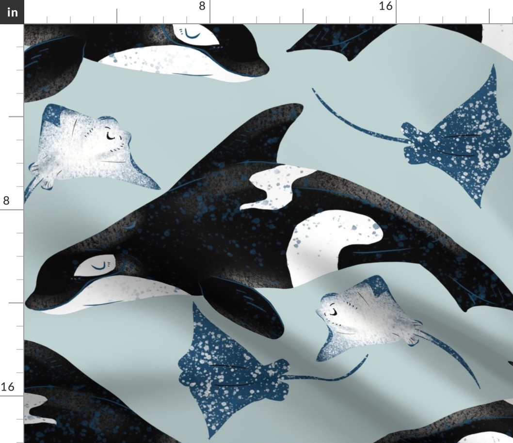 Orcas and Rays on Blue - Cheerful Ocean Creatures Coordinate - Large