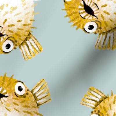 Pufferfish on Blue Grey - Cheerful Ocean Creatures Coordinate - Large