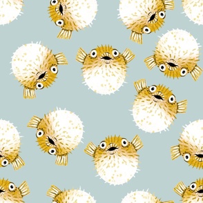 Pufferfish on Blue Grey - Cheerful Ocean Creatures Coordinate - Large