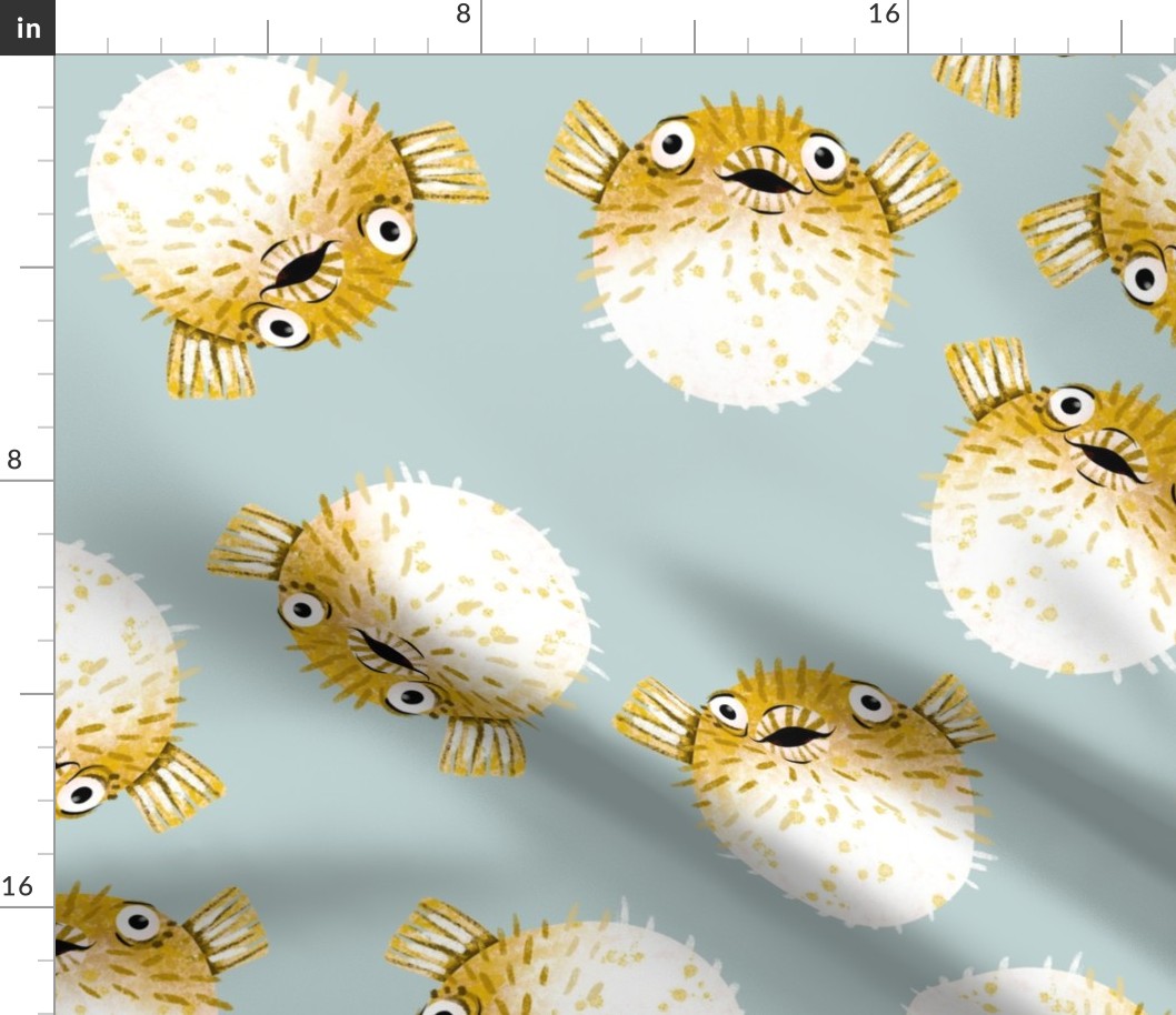 Pufferfish on Blue Grey - Cheerful Ocean Creatures Coordinate - Large