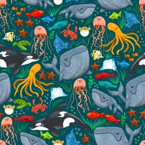 Cheerful Ocean Creatures - Dark Teal - Large