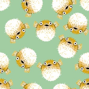 Pufferfish on Green - Cheerful Ocean Creatures Coordinate - Large