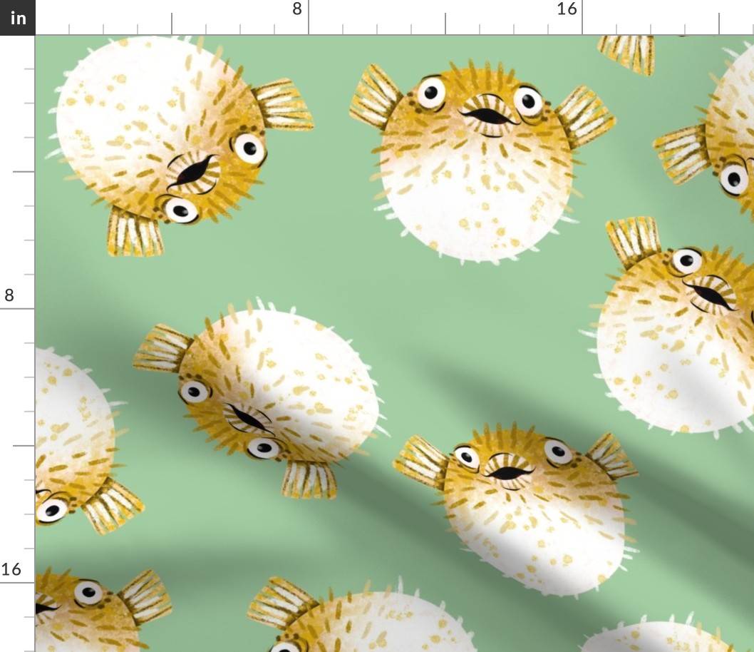 Pufferfish on Green - Cheerful Ocean Creatures Coordinate - Large