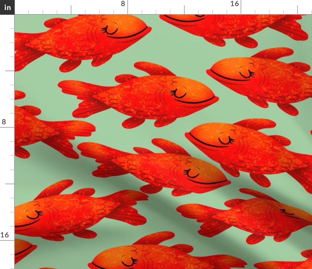 Red Fish on Green - Cheerful Ocean Creatures Coordinate - Large