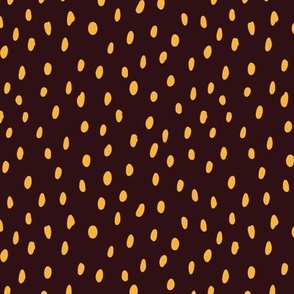 Yellow hand drawn polka dots on dark brown, Cute, Fun and simple. MEDIUM, 1/4 inch dots