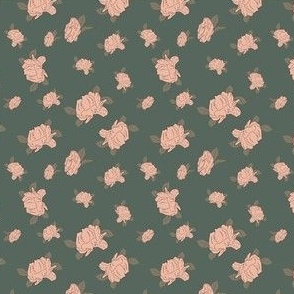 Tossed -Feminine light Pink Floral Roses on muted dark green - Hand Drawn- Sophisticated Girls Coordinate fabric or playroom, nursery, cottage wallpaper trends