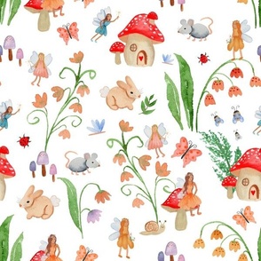 Fairycore whimsical woodland fairies / large / watercolour with mushrooms in flowers