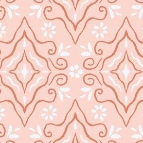 Hand drawn floral diamonds in Pink, terracotta rust and white