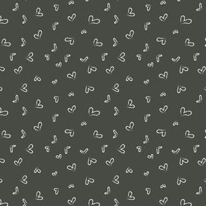 Tossed/ Freehand Chalk Art style white Hearts on dark slate, dark grey green, Valentines day -Kids and Childrens Coordinate fabric or playroom, nursery wallpaper trends