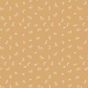Tossed/ Freehand cream white Chalk Art style Hearts on mustard, marigold, dark yellow, warm -Kids and Childrens Coordinate fabric or playroom, nursery wallpaper trends