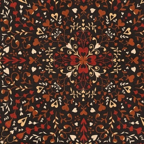 Floral love mandala brown red on black large