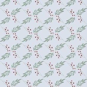 Ditsy Holly flower design with geometric layout on a solid background, part of Persephone collection. Light blue 