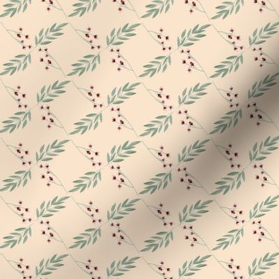 Ditsy Holly flower design with geometric layout on a solid background, part of Persephone collection. Peach colour 