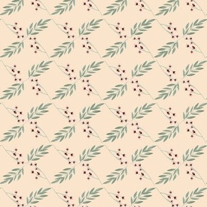 Ditsy Holly flower design with geometric layout on a solid background, part of Persephone collection. Peach colour 