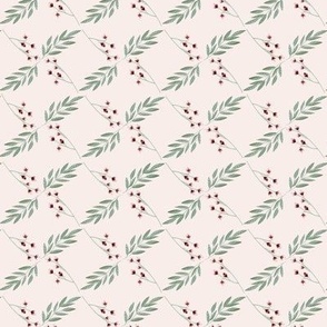 Ditsy Holly flower design with geometric layout on a solid background, part of Persephone collection. Light pink