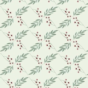 Ditsy Holly flower design with geometric layout on a solid background, part of Persephone collection. Light green 