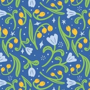 Bold blue and yellow imaginary flowers on denim blue