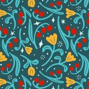 Tossed whimsical flowers and berries on dark green, MEDIUM, 1-2 inches flowers on fabric