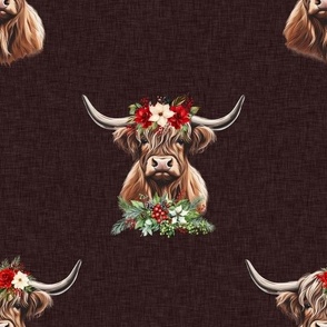 Christmas highland cow on maroon linen texture