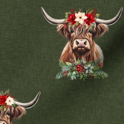 Christmas highland cow on dirty lime linen texture