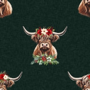 Christmas highland cow on monstera green linen texture
