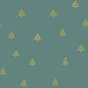 small scattered christmas trees on turquoise green with stars and lights