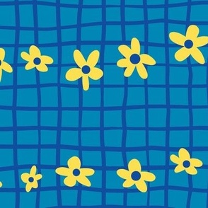 Yellow Pop Flowers on Blue Windowpane Plaid