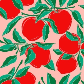 Hand Drawn Half Drop Repeat Seamless Abstract Apples Pattern featuring Green Leaves and Coral Background